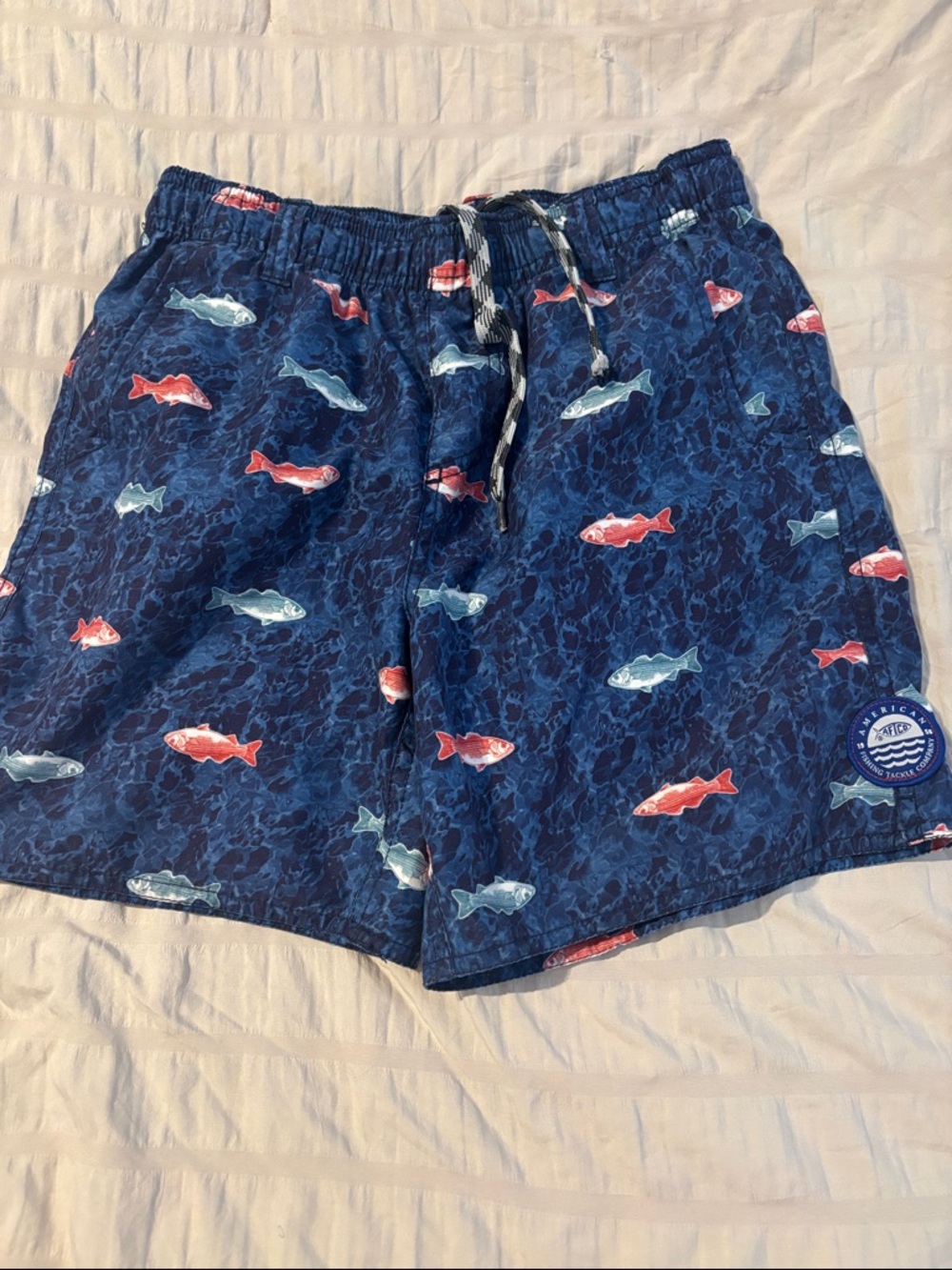 AFTCO Navy Blue Kids Swim Trunks with Red and Light Blue Fish Print